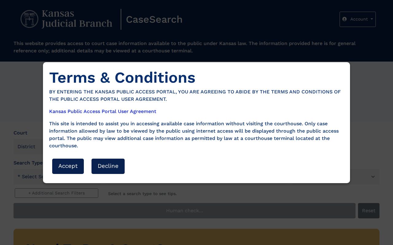 Kansas CaseSearch field order for a Trego County docket search