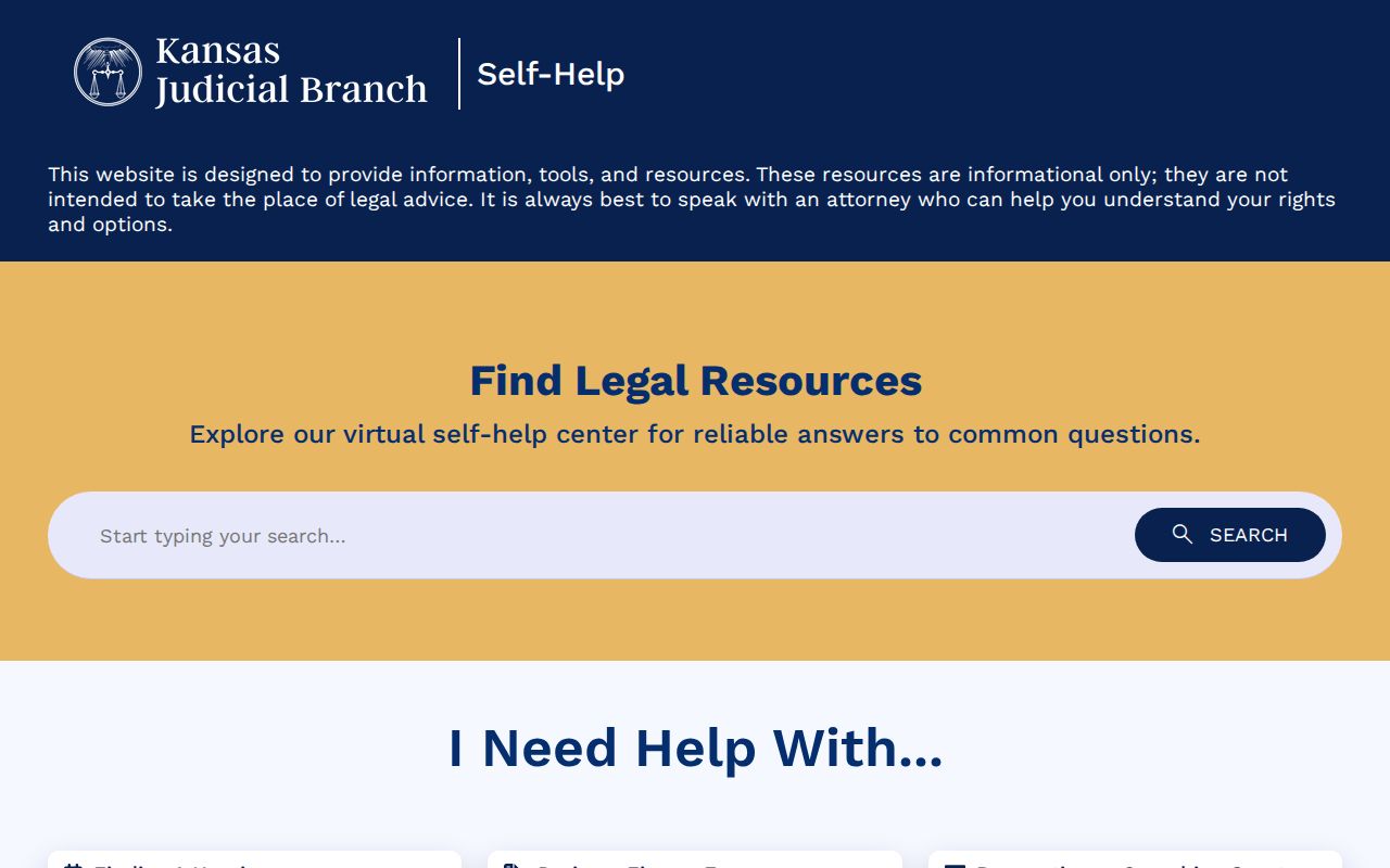 Kansas self-help and hearings-calendar landing screen
